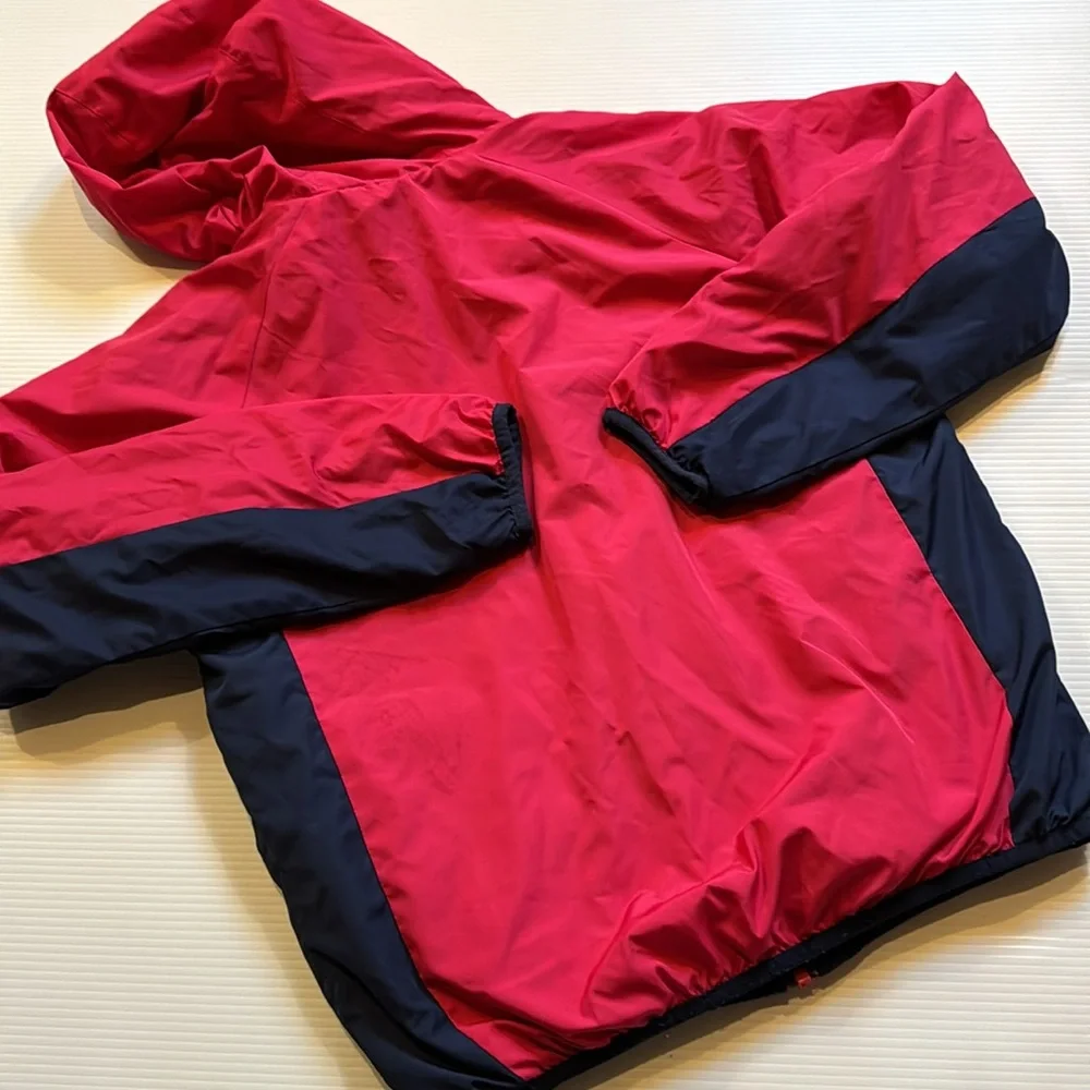 Eddie Bauer pink & blue, flowered reversible hooded jacket.  Girls size large
